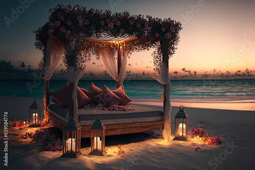 Cozy wooden bed on the seashore decorated with greetings and candles. Romantic evening by the sea. Beautiful sunset. AI