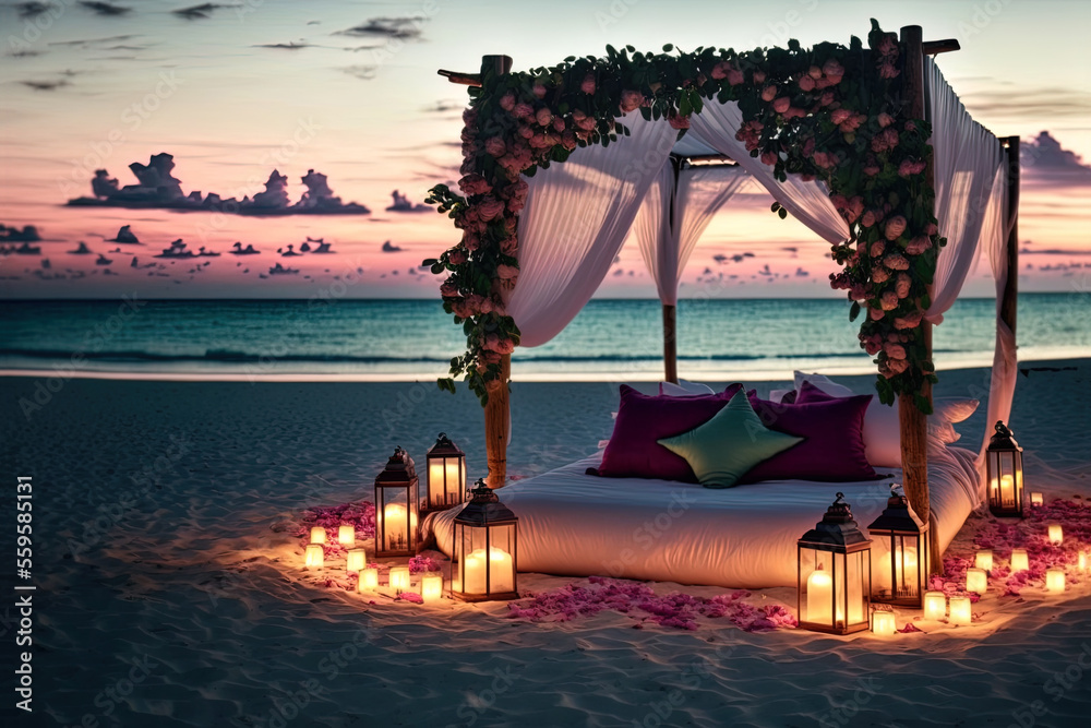 Obraz premium Cozy wooden bed on the seashore decorated with greetings and candles. Romantic evening by the sea. Beautiful sunset. AI
