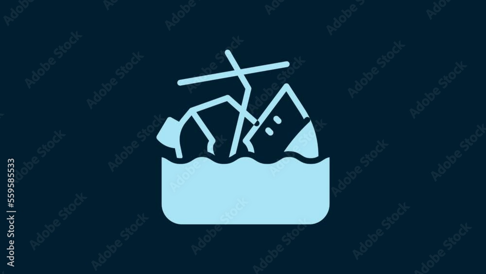 White Sinking cruise ship icon isolated on blue background. Travel tourism nautical transport. Voyage passenger ship, cruise liner. 4K Video motion graphic animation White Sinking cruise ship icon isolated on blue background. Travel tourism nautical transport. Voyage passenger ship, cruise liner. 4K Video motion graphic animation