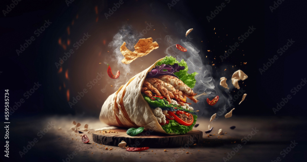 fresh grilled chicken wrap roll with flying ingradients and spices hot ready to serve and eat with copyspace area - obrazy, fototapety, plakaty 