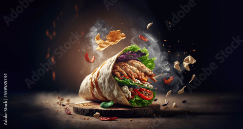 fresh grilled chicken wrap roll with flying ingradients and spices hot ready to serve and eat with copyspace area photo