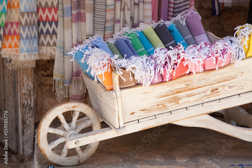 Photography Multicolored Turkish bath towels, traditional natural cotton hammam towels in a