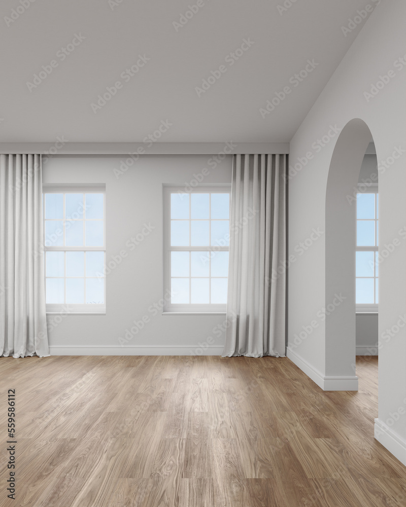 Fototapeta premium Empty white arch wall with window. 3d rendering of interior living room with sky background.