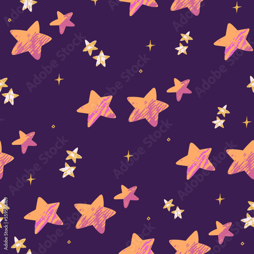 Colorful hand-drawn space pattern with cute cartoon stars on purple background  seamless pattern