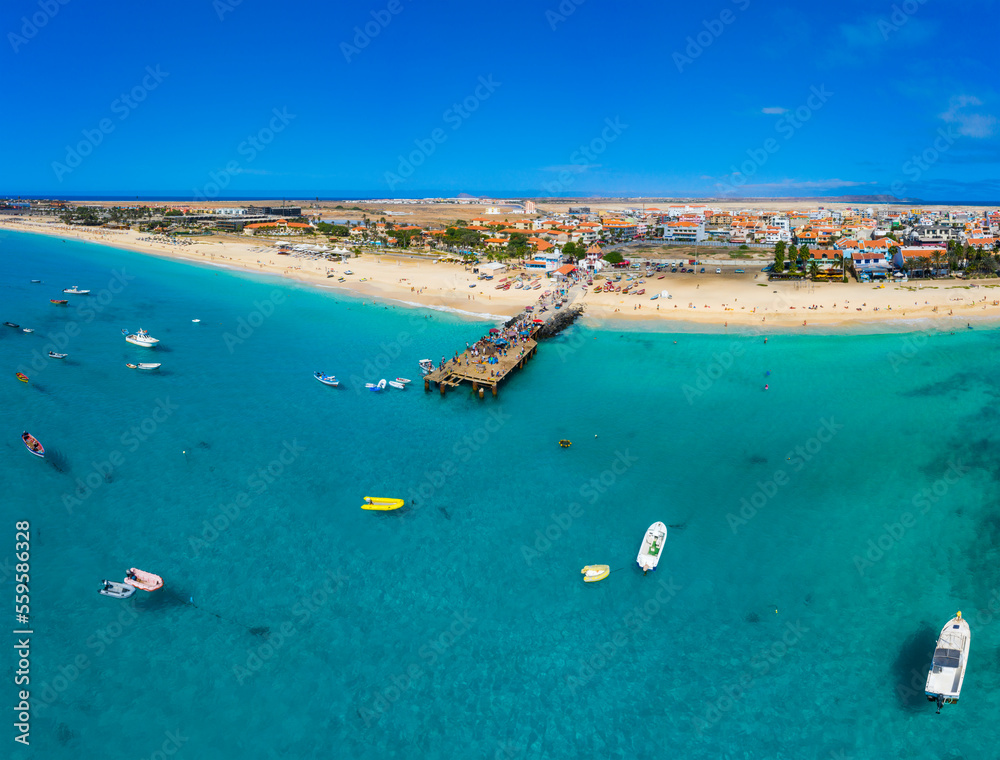 Aerial view of Santa Maria, Sal Island, Cape Verde (Cabo Verde). Drone shot.