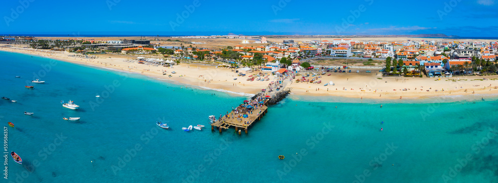 Aerial view of Santa Maria, Sal Island, Cape Verde (Cabo Verde). Drone, panorama.