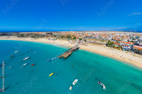 Aerial view of Santa Maria, Sal Island, Cape Verde (Cabo Verde). Drone shot.
