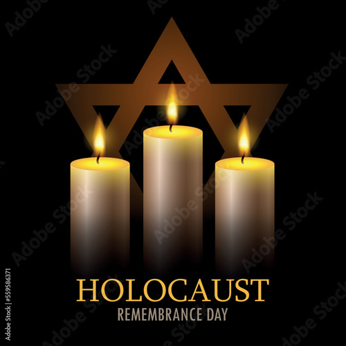 International holocaust remembrance day. Three burning candles and star of David on a black background. EPS10 vector.