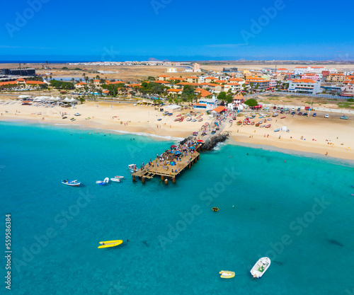 Aerial view of Santa Maria, Sal Island, Cape Verde (Cabo Verde). Drone shot.