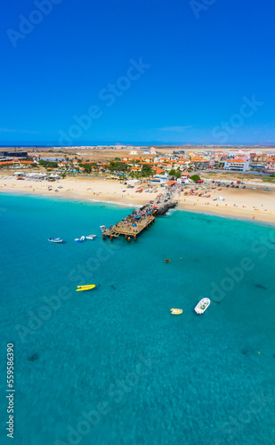 Aerial view of Santa Maria, Sal Island, Cape Verde (Cabo Verde). Drone shot vertical.