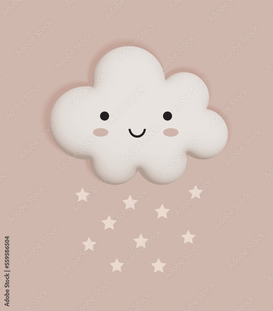 Baby Shower Vector Illustration with Cute Kawaii Cloud on a Light Beige Background. Fluffy Smiling Cloud and Rain of Stars. Sweet Nursery Art for Card, Wall Art, Poster.Girls and Boys Room Decoration. Baby Shower Vector Illustration with Cute Kawaii Cloud on a Light Beige Background. Fluffy Smiling Cloud and Rain of Stars. Sweet Nursery Art for Card, Wall Art, Poster.Girls and Boys Room Decoration.