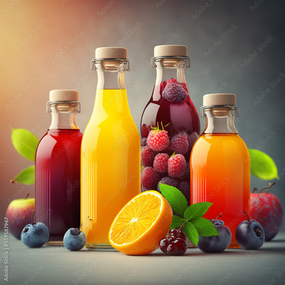 Bottles with fruit juice. Generative AI. Bottles with fruit juice. Generative AI.