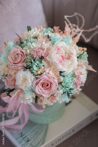 Preserved flower arrangement. Flower box Roses, Hydrangea, Peony Rose in tiffany colors. Flowers for girl, for mother's day, valentine's day, Woman's day 8 march.