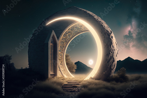 Fantasy landscape, neon light, time portal, architectural majestic portal. AI