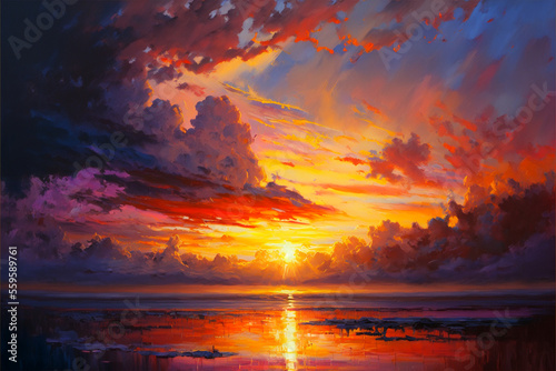 Sunset over a body of water oil painting style Generative AI