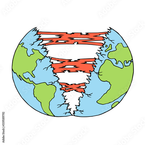 The earth is torn in half. The concept of the end of the world, apocalypse, the consequence of a nuclear explosion, ecological disaster. Freehand drawing. Doodle. Hand Drawn. Outline.
