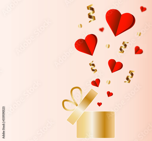 Valentine's Day. Background for text. Valentine's Day card with hearts, serpentine and a gift. Background with pastel gradient. Vector graphics.