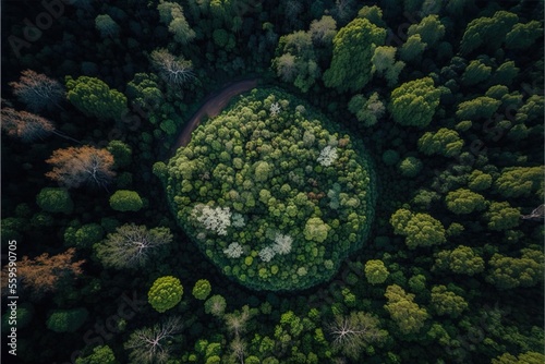 Forest landscape aerial photography. AI