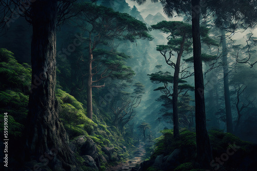 Fantasy forest landscape. AI
