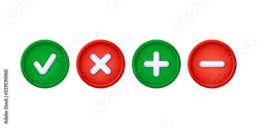3D Set of plus, minus and cross, check marks isolated on white background. Can be used for many purposes.