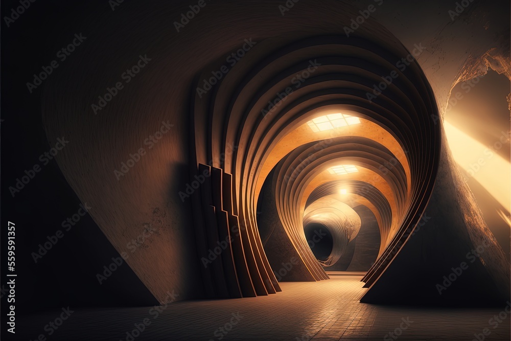 Round light underground tunnel, light corridor, neon light. AI