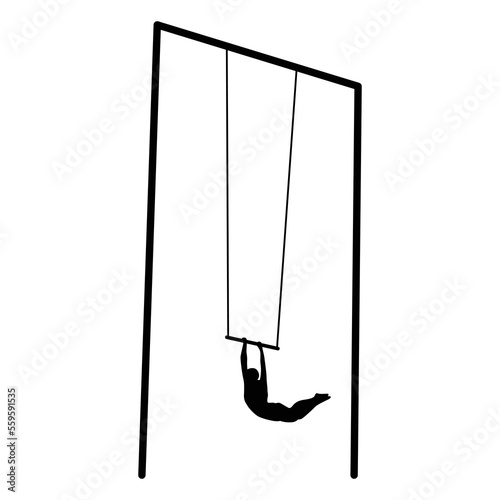 Silhouette of a trapeze artist hanging on a swinging bar. Vector illustration
