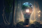 a light bulb with a forest scene inside of it in the middle of a forest at night with lights shining in the trees and a light shining on the ground below it, and a.