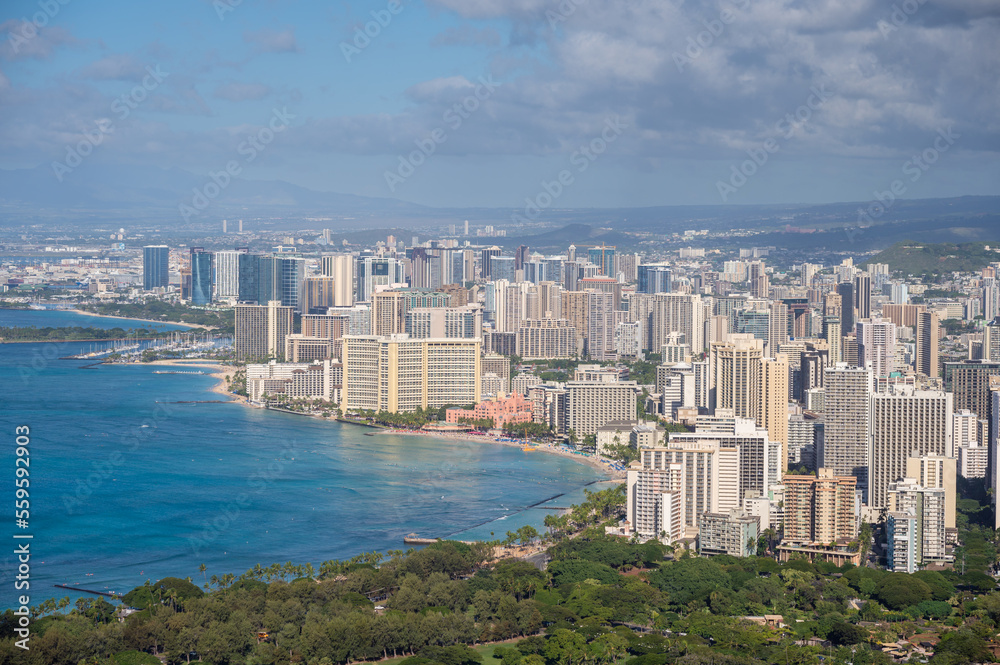 View of the Waikiki skyline from the Diamond Head vulcano lookout. View of the Waikiki skyline from the Diamond Head vulcano lookout.