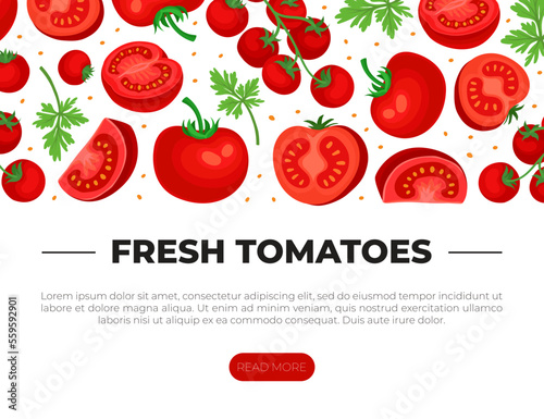 Fresh tomatoes web banner. Ripe organic vegetables. Farmers market, organic food, natural products landing page, website cartoon vector