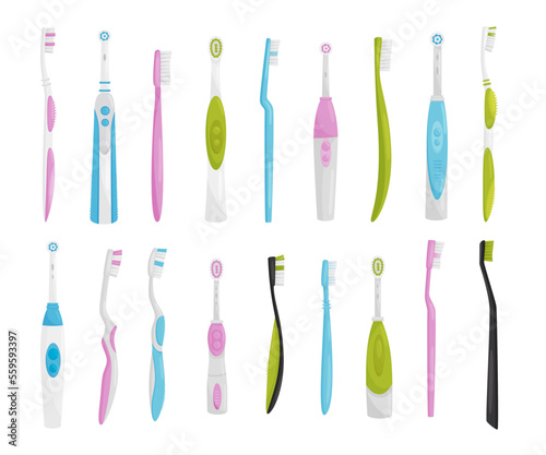 Set of different toothbrushes. Plastic electrical automatic toothbrush for dental hygiene cartoon vector