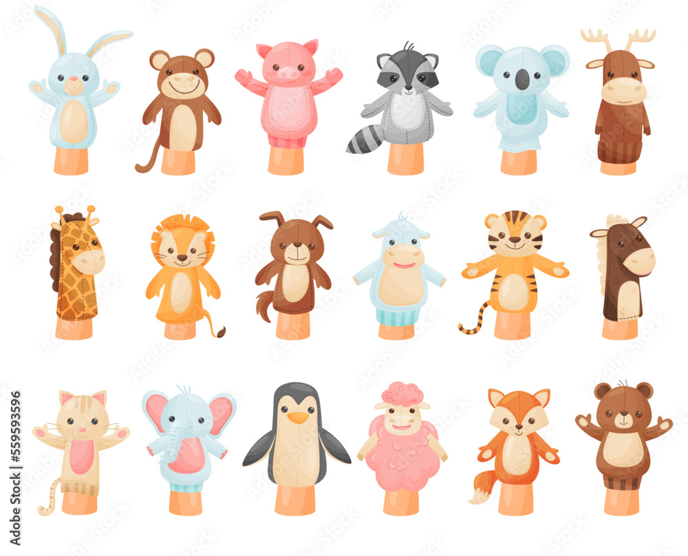 Hands animal puppets set. Lion, giraffe, monkey, kitten puppy, elephant, horse, bear, sheep animal dolls on hands cartoon vector