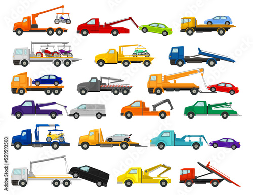 Set of tow trucks towing cars. Road assistance service vehicles cartoon vector