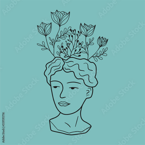 Flowerpot in Greek style, line illustration. Head of the goddess Venus with flowers. Flat design, cartoon hand drawn.