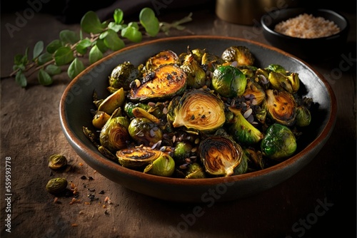 a bowl of roasted brussel sprouts with a spoon and a bowl of salt nearby on a table with a plant and a bowl of salt and spoon on the side of rice. photo