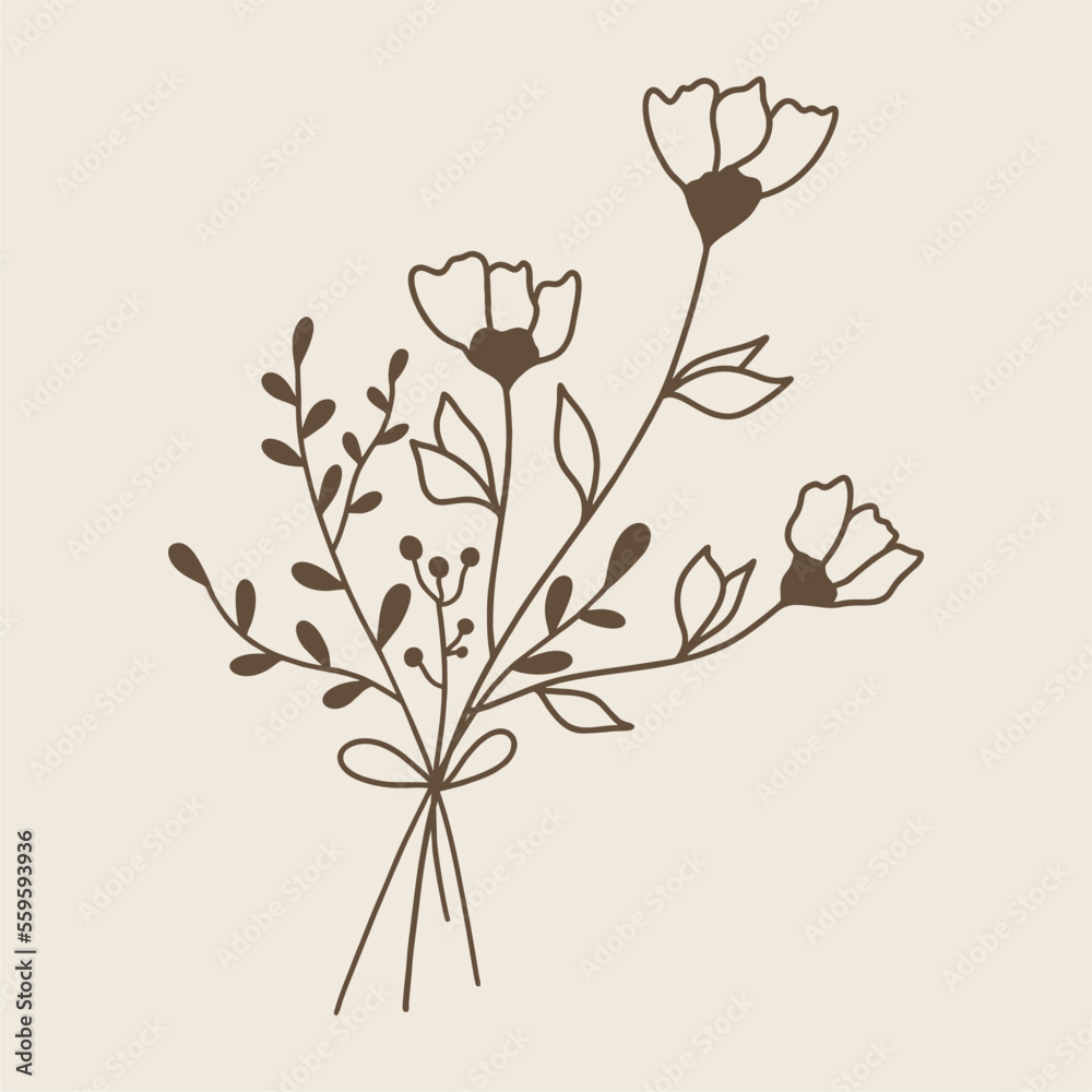 Continuous line drawing of plants Black sketch of flowers isolated on white background. Flowers one line illustration.