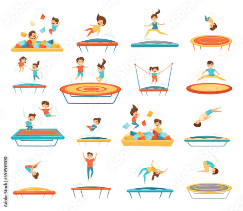 Cute kids jumping on trampolines set. Happy children bouncing on trampoline, active entertainment cartoon vector