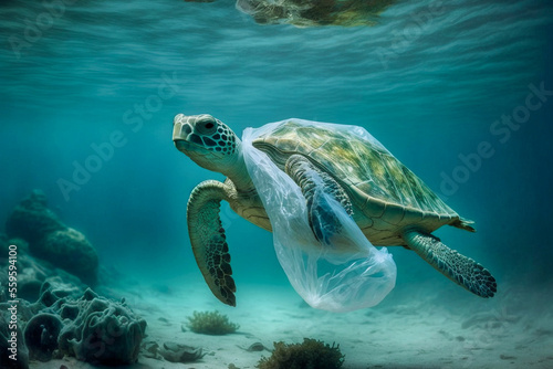 Umweltverschmutzung durch Plastikmüll im Meer. Schildkröte in Plastiktüte verfangen