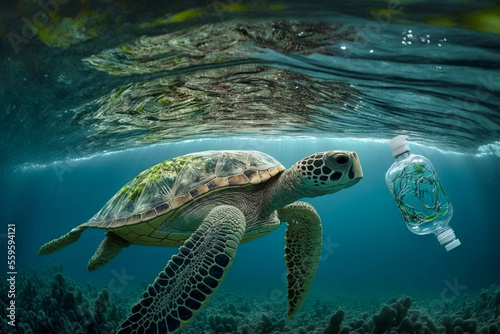 Umweltverschmutzung durch Plastikmüll im Meer. Schildkröte in Plastiktüte verfangen