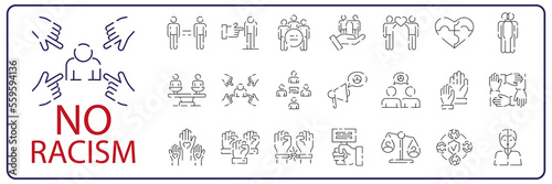 no racism outline icon set includes thin line peace, no racism, peace, human rights, diversity, tv, respect icons for report, presentation, diagram, web design. Social issues