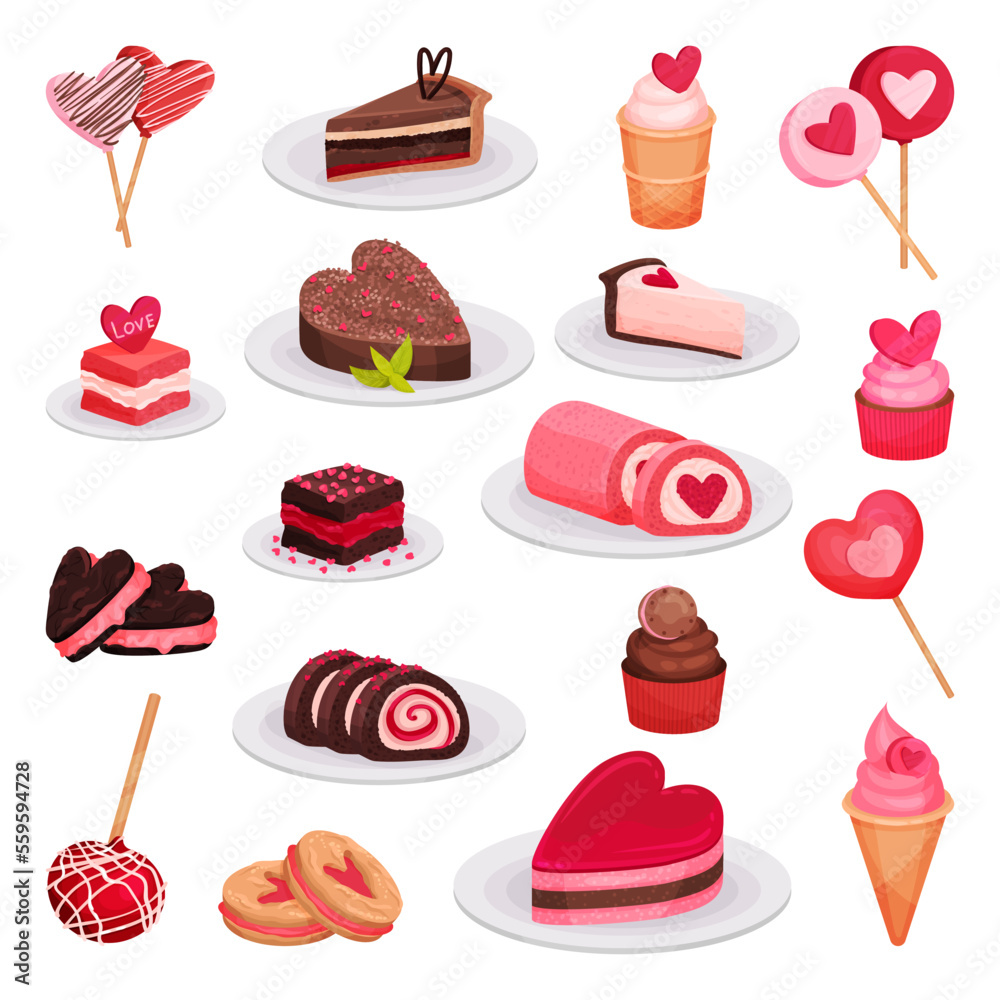 Set of delicious sweets and desserts for Valentine Day or romantic event cartoon vector illustration - obrazy, fototapety, plakaty 