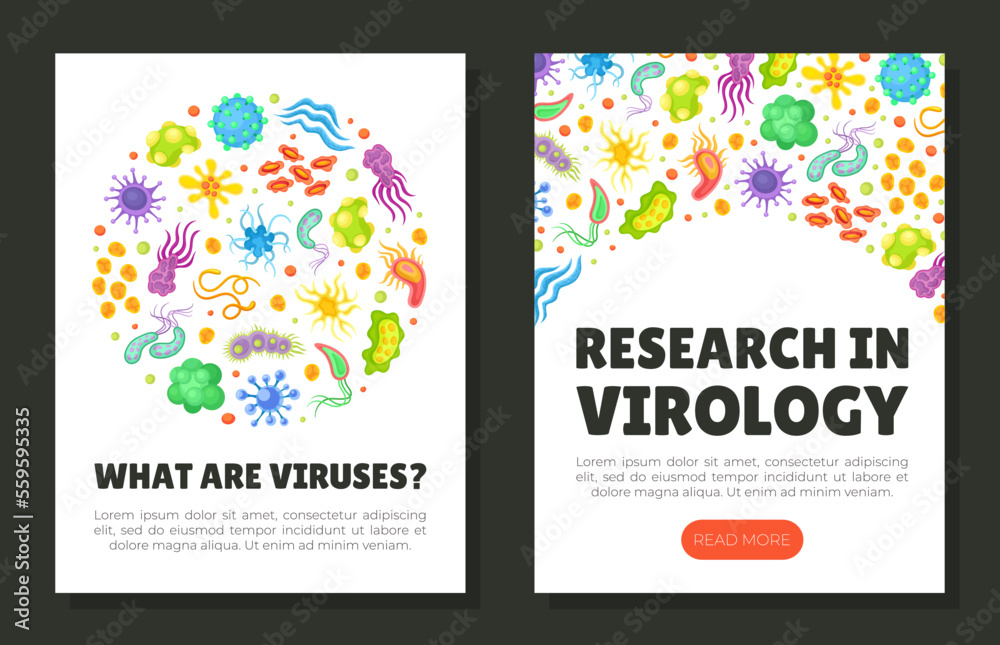 What are viruses mobile app and card template set. Research in virology web banner, card, flyer, invitation cartoon vector