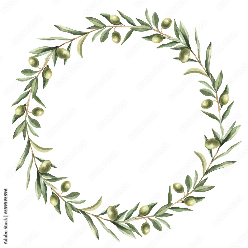 Hand drawn aquarelle laurel wreath and olive branch. Leaves and branches round frames.