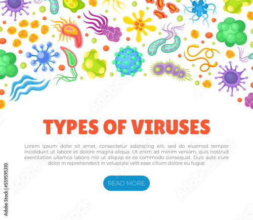Types of viruses web banner. Microbiology and virology microscopic pathogens, cell illness and microorganisms landing page, website cartoon vector