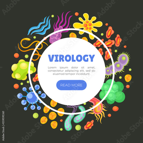 Virology web banner. Microbiology and virology microscopic pathogens and microorganisms landing page, website cartoon vector