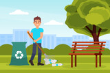 Male volunteer collecting garbage and plastic waste for recycling in park. Volunteering, environmental care cartoon vector