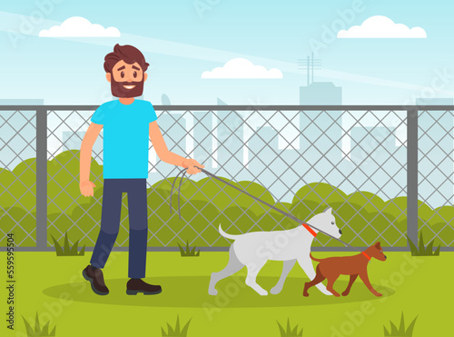 Man volunteer walking with dogs in park. Dog walking service, volunteering, dog shelter cartoon vector