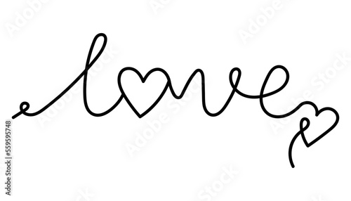 Handwritten inscription Love with a heart. Isolated vector illustration. A word in the style of linart, minimalistic design.