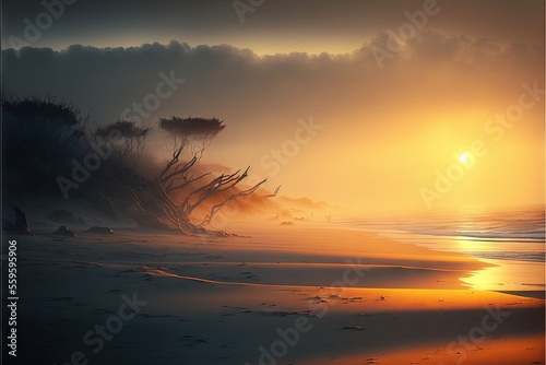 a beach with a few trees on it and a sun setting in the background with clouds in the sky and a few footprints in the sand on the ground, and in the water,.