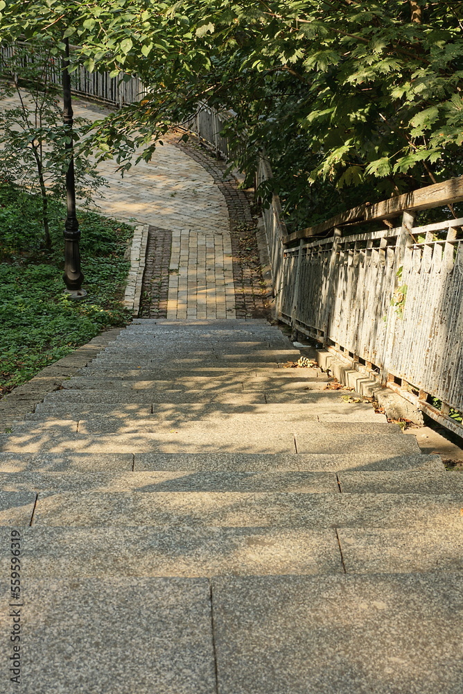 decorative concrete staircase with steps near stone gray pavement in summer park decorative concrete staircase with steps near stone gray pavement in summer park