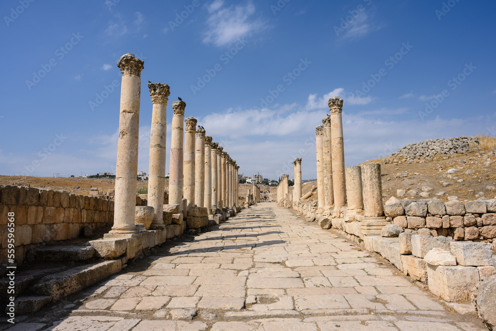 South Decumanus Colonnaded Roman Street in Ancient Gerasa, Jerash, Jordan with Corinthian Columns South Decumanus Colonnaded Roman Street in Ancient Gerasa, Jerash, Jordan with Corinthian Columns